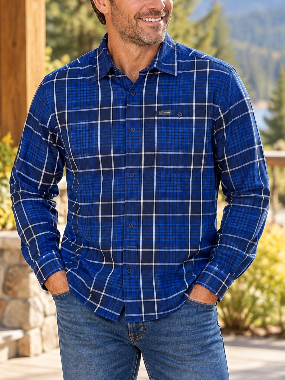 Columbia Cotton Long Sleeve Button-Up Blue Plaid Shirt XL Regular Fit Stretch
